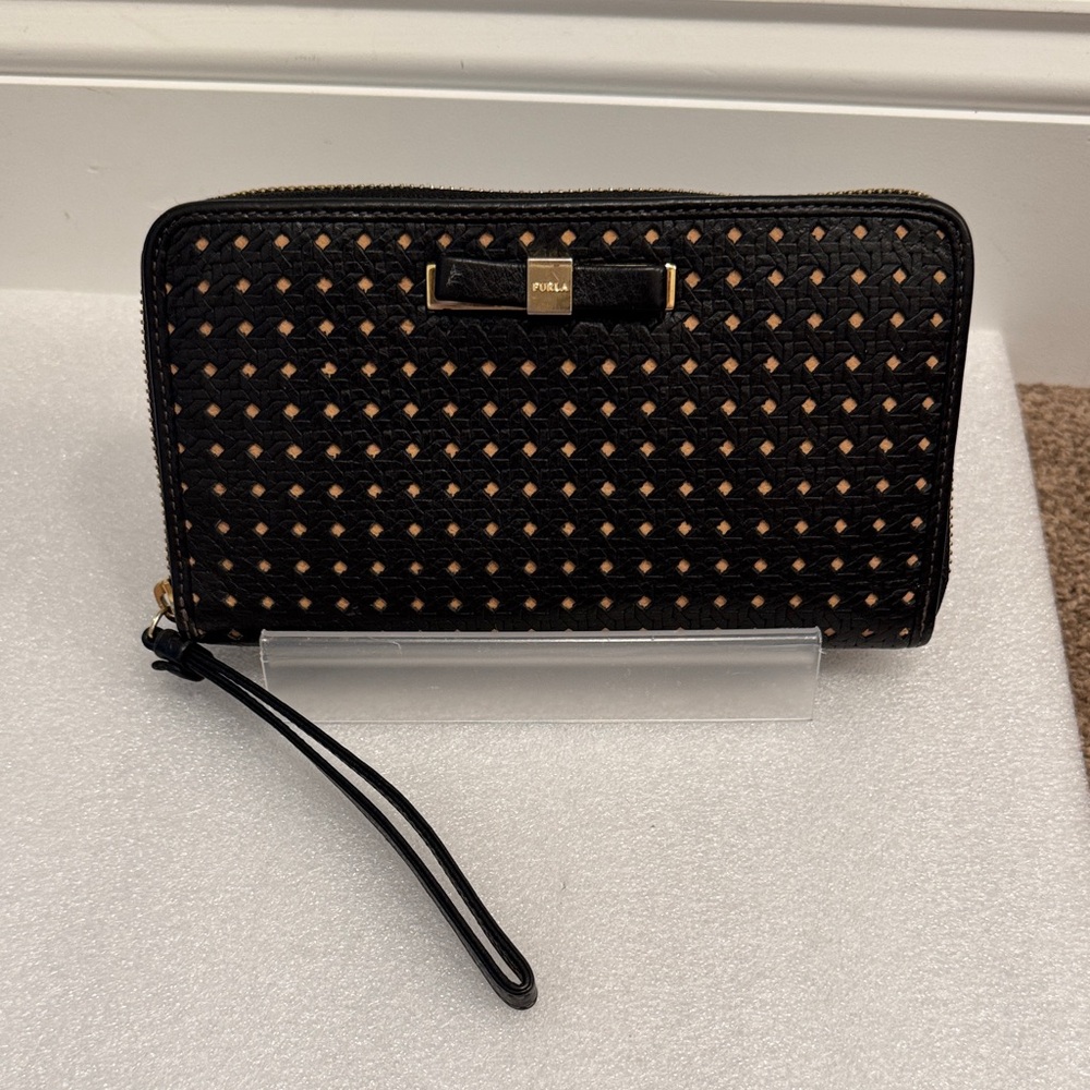 Furla Black and Gold Wristlet Clutch